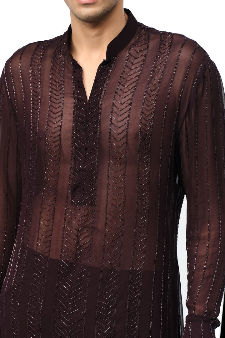 Wine sheer kurta with beaded work