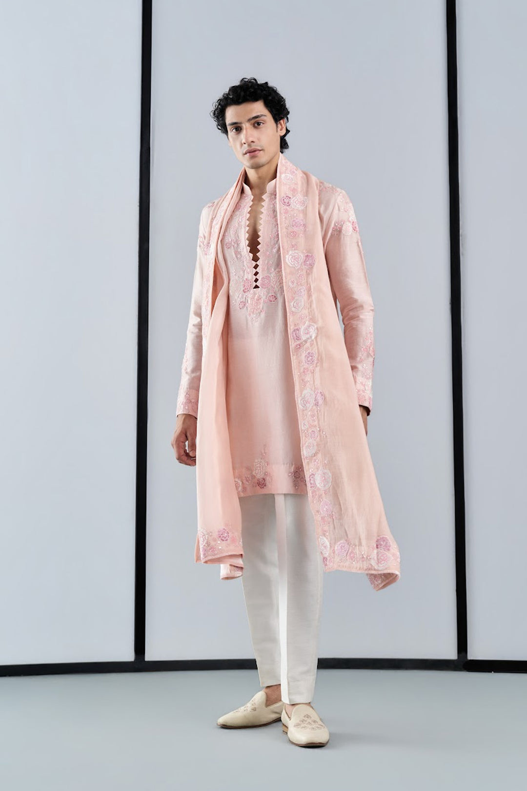Pink applique work kurta with stole