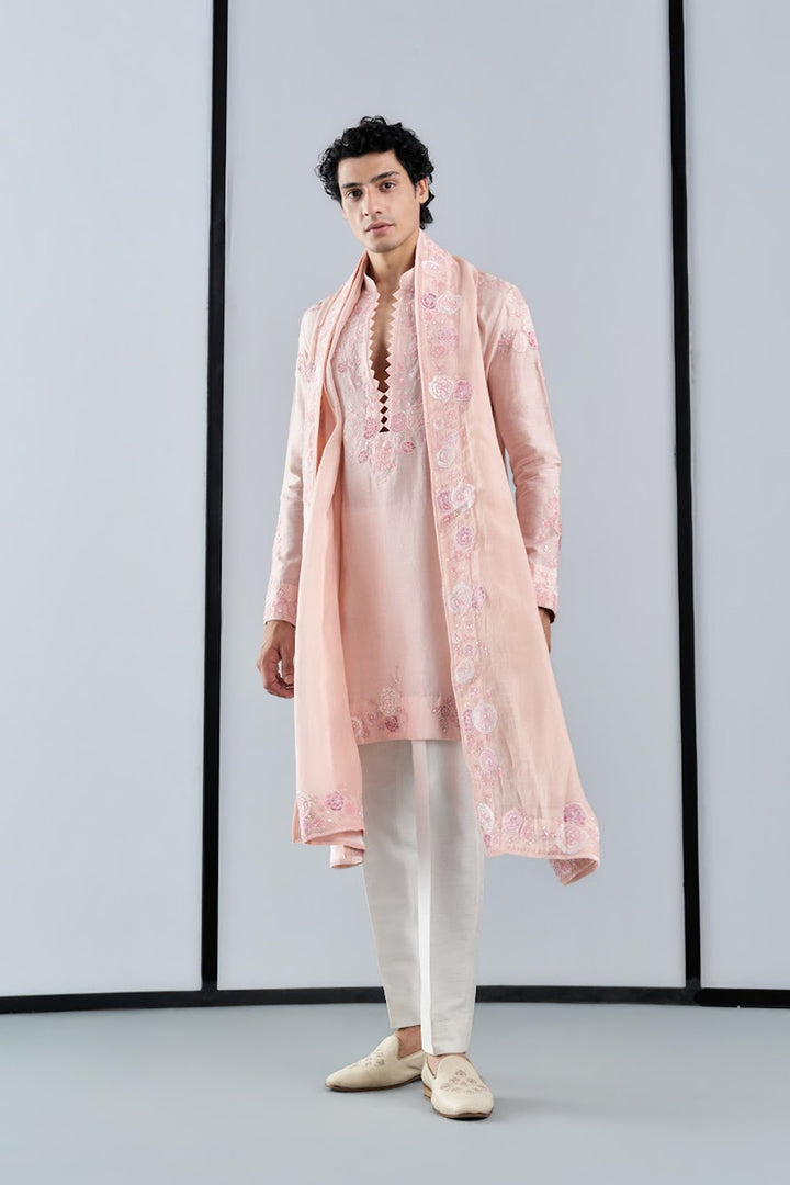 Pink applique work kurta with stole