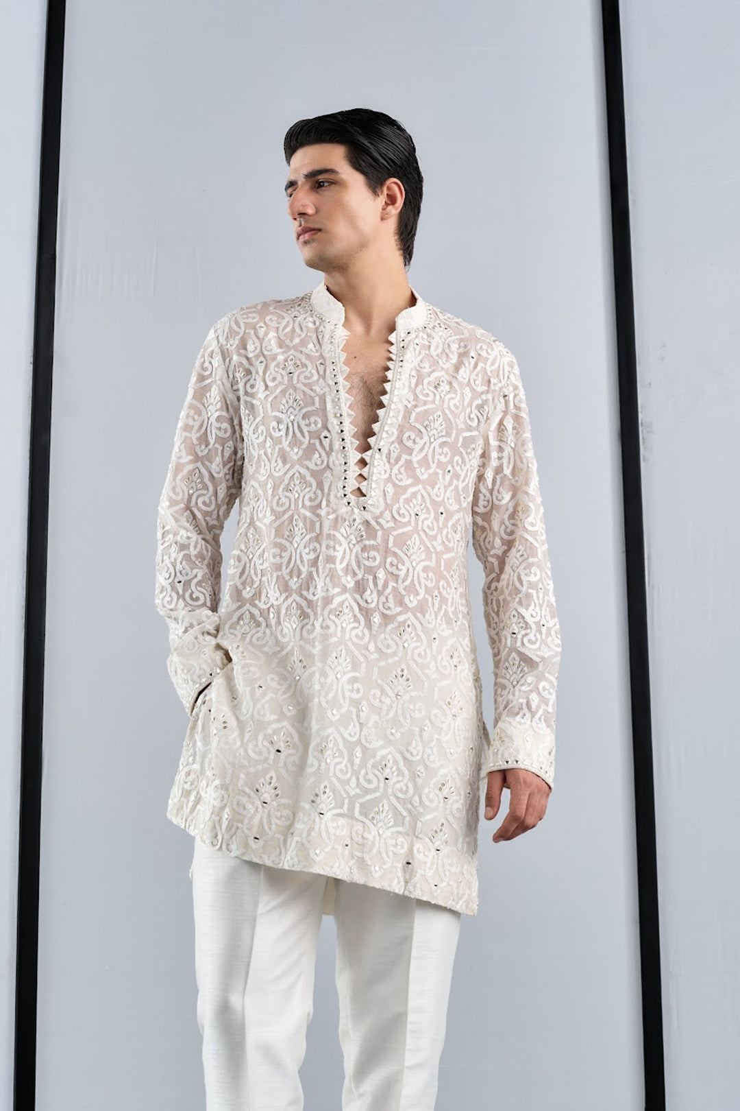 Ivory chandheri applique kurta