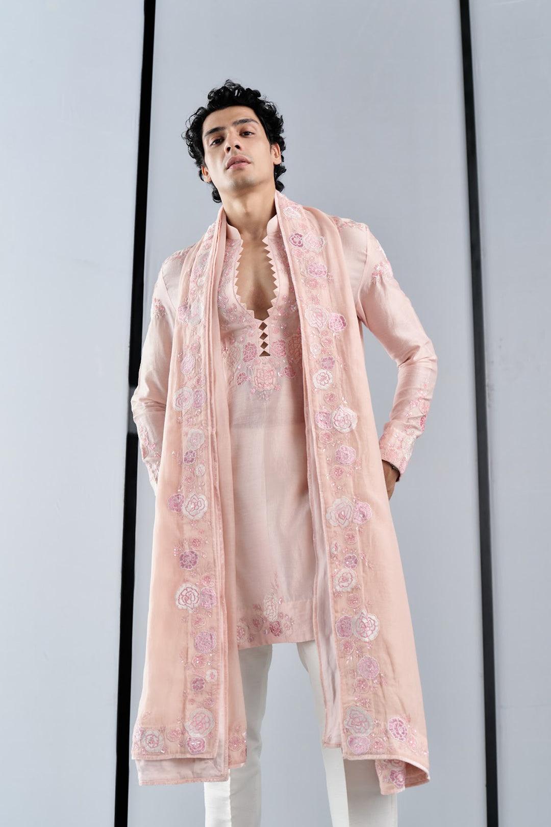 Pink applique work kurta with stole