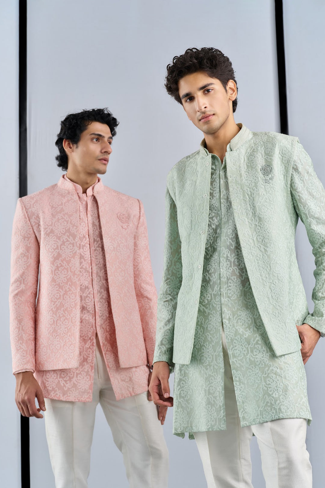 Peach pink cross-stitch kurta bandhgala set