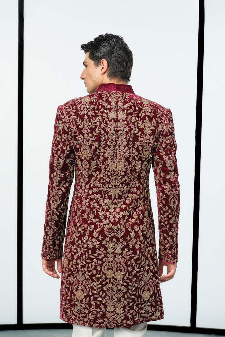 Maroon velvet sherwani
