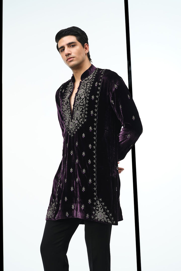 Wine gunmetal bead work kurta