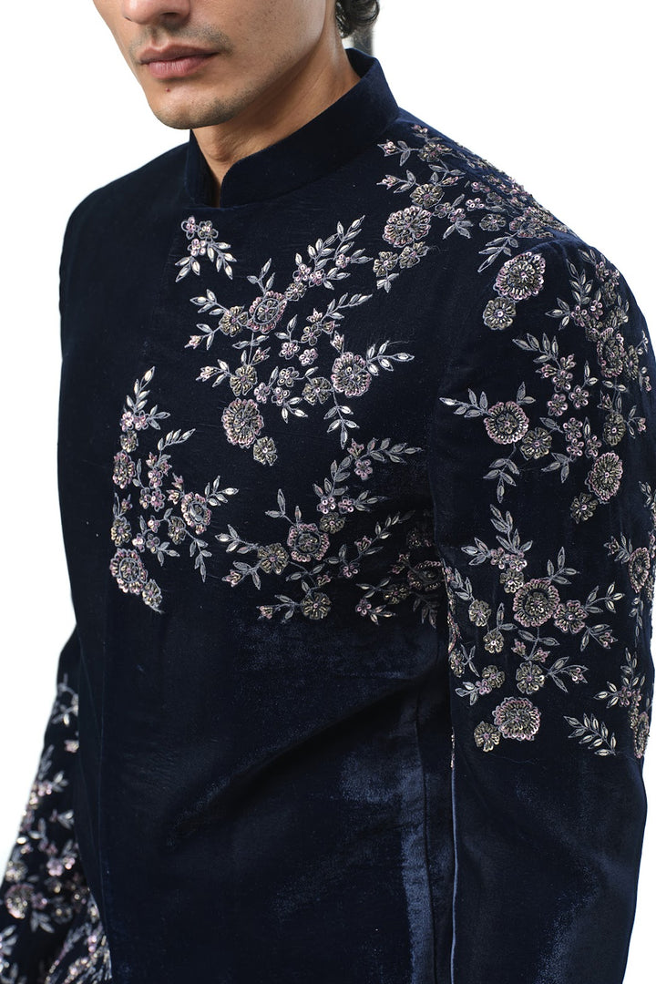 Navy shoulder placement floral bandhgala indo
