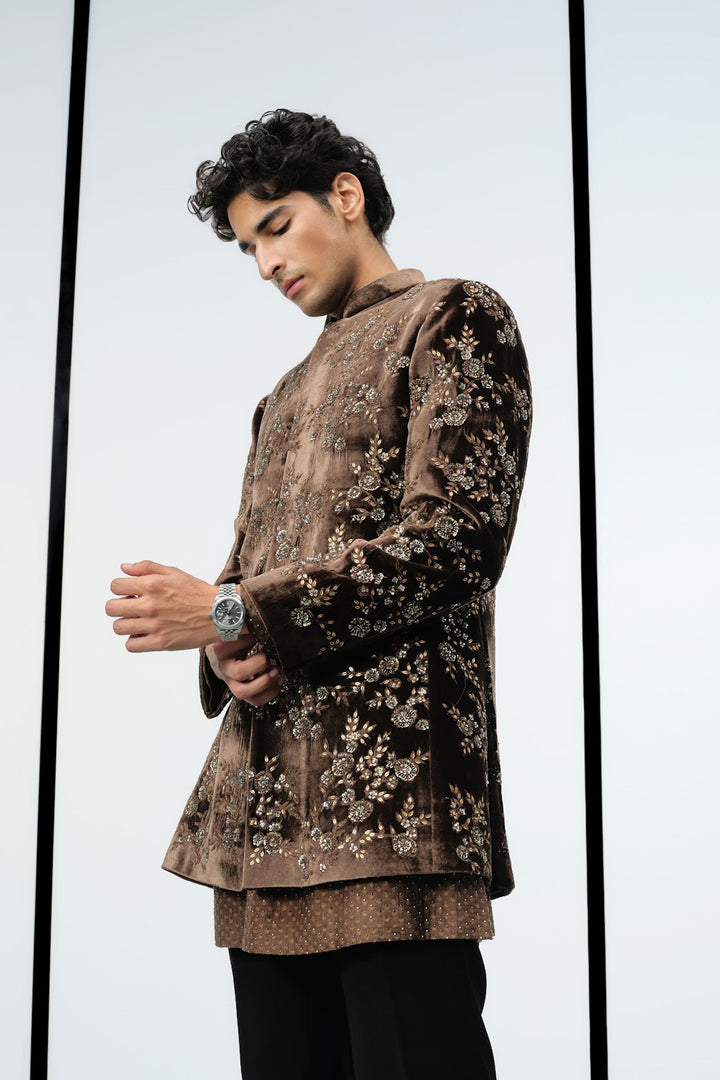 Coffee gold floral indowestern set