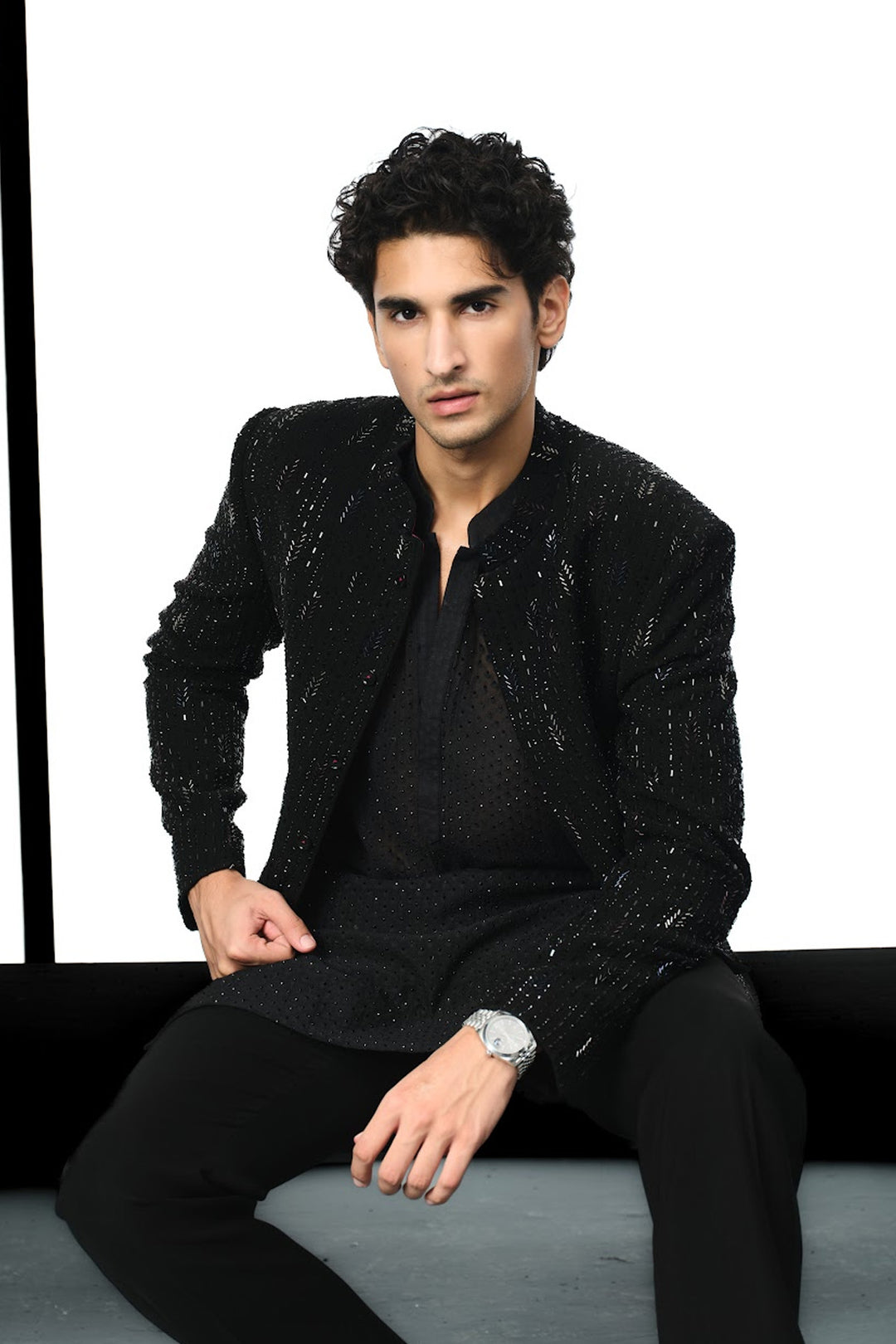 Black beaded bandhgala indowestern