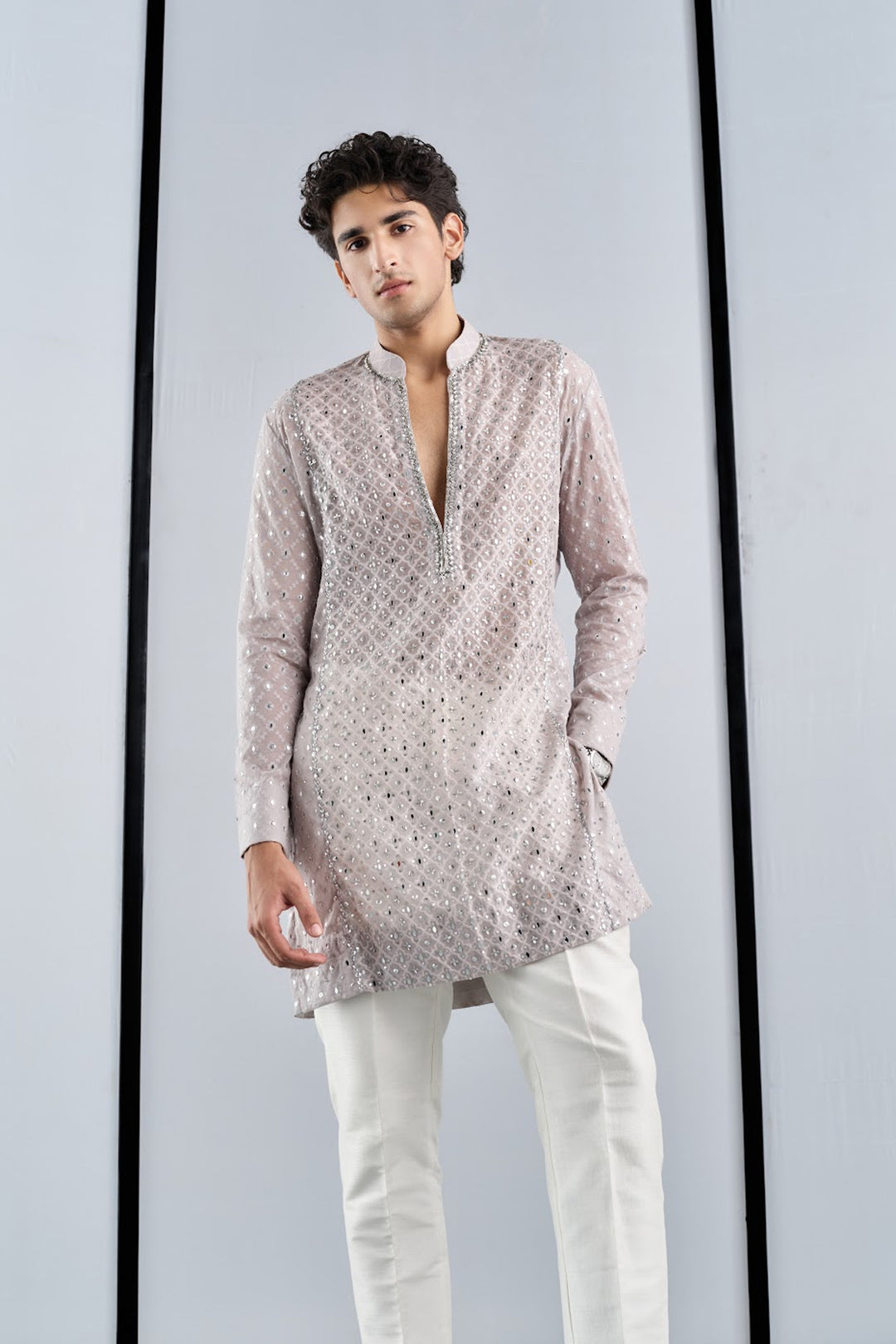 Self chandheri grey embellished kurta