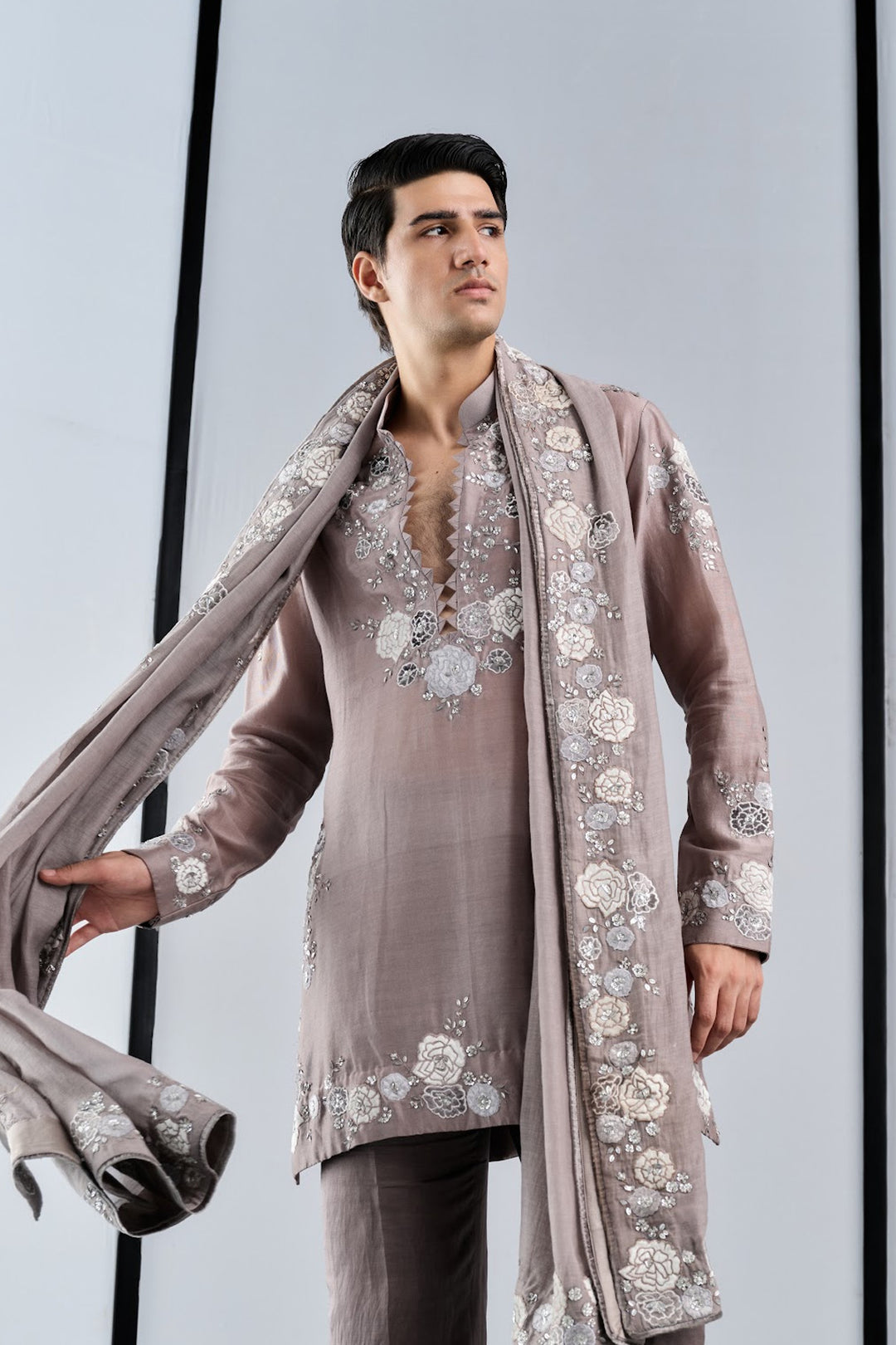 Taupe chandheri applique kurta with stole set