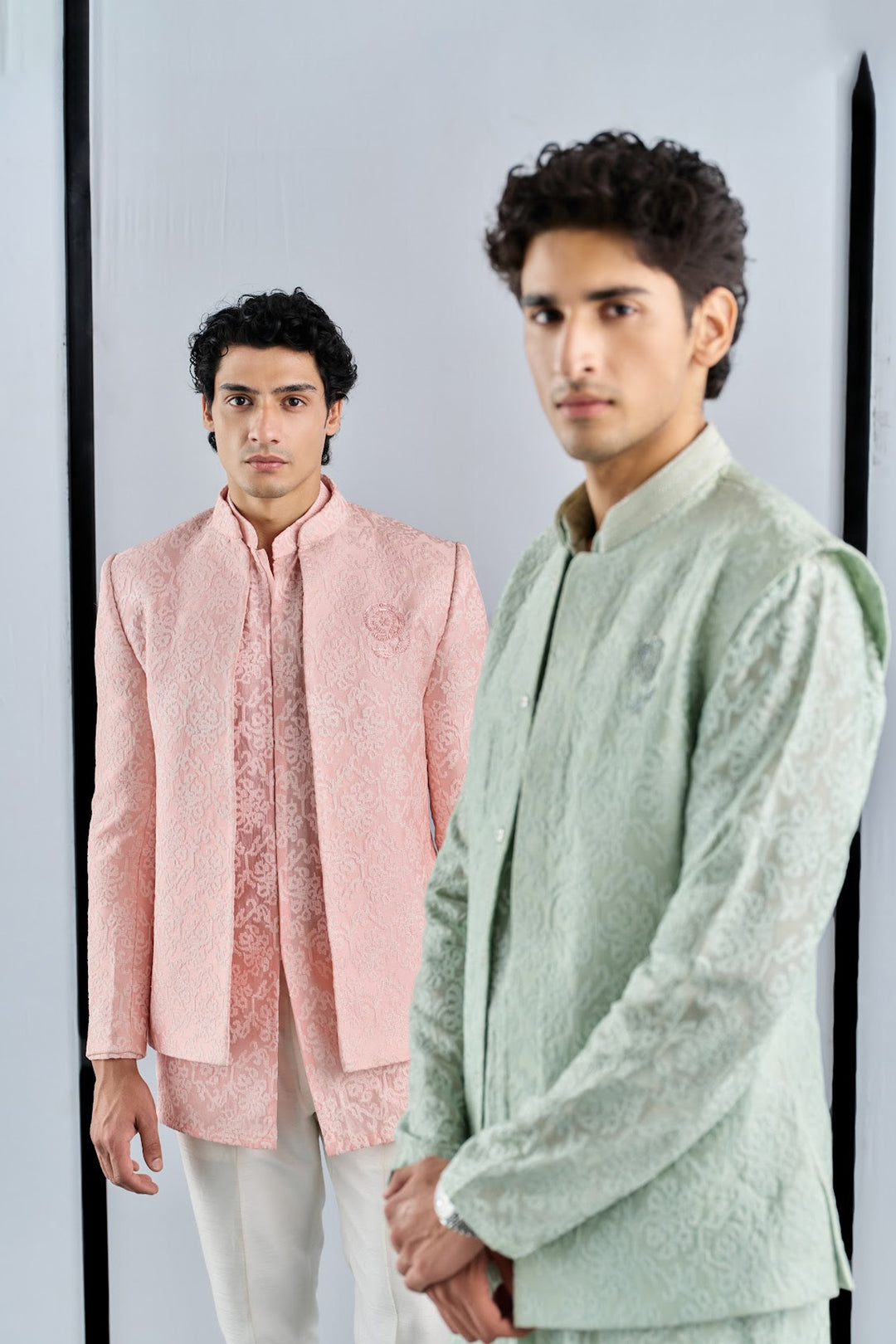 Sage green cross-stitch nehru set