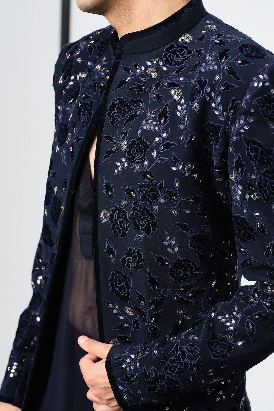 Navy applique floral jaal indowestern