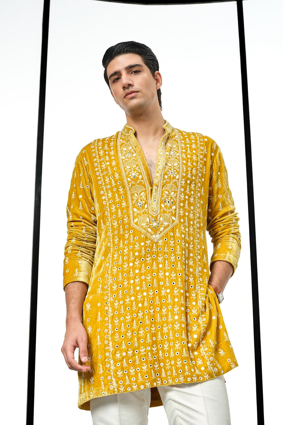 Mustard yellow velvet kurta