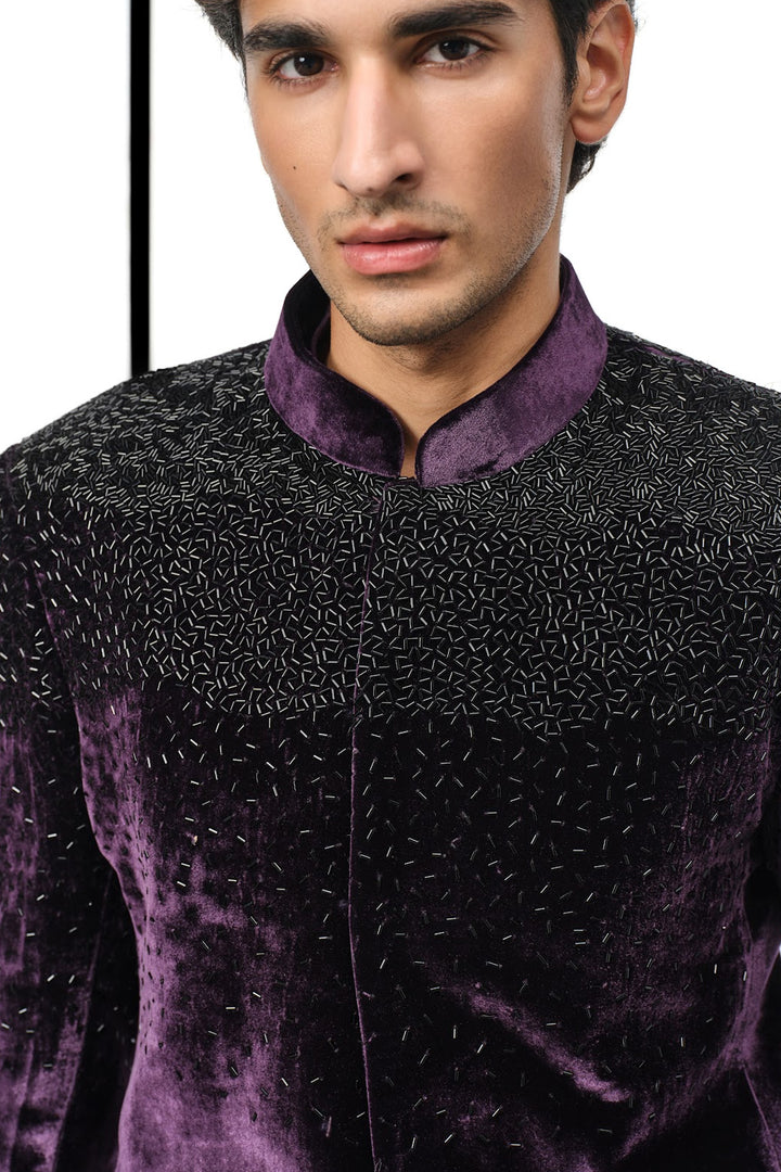 Wine velvet bandhgala set