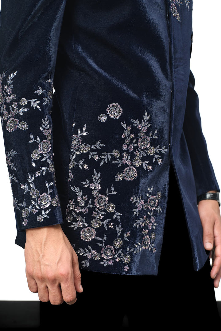 Navy shoulder placement floral bandhgala indo