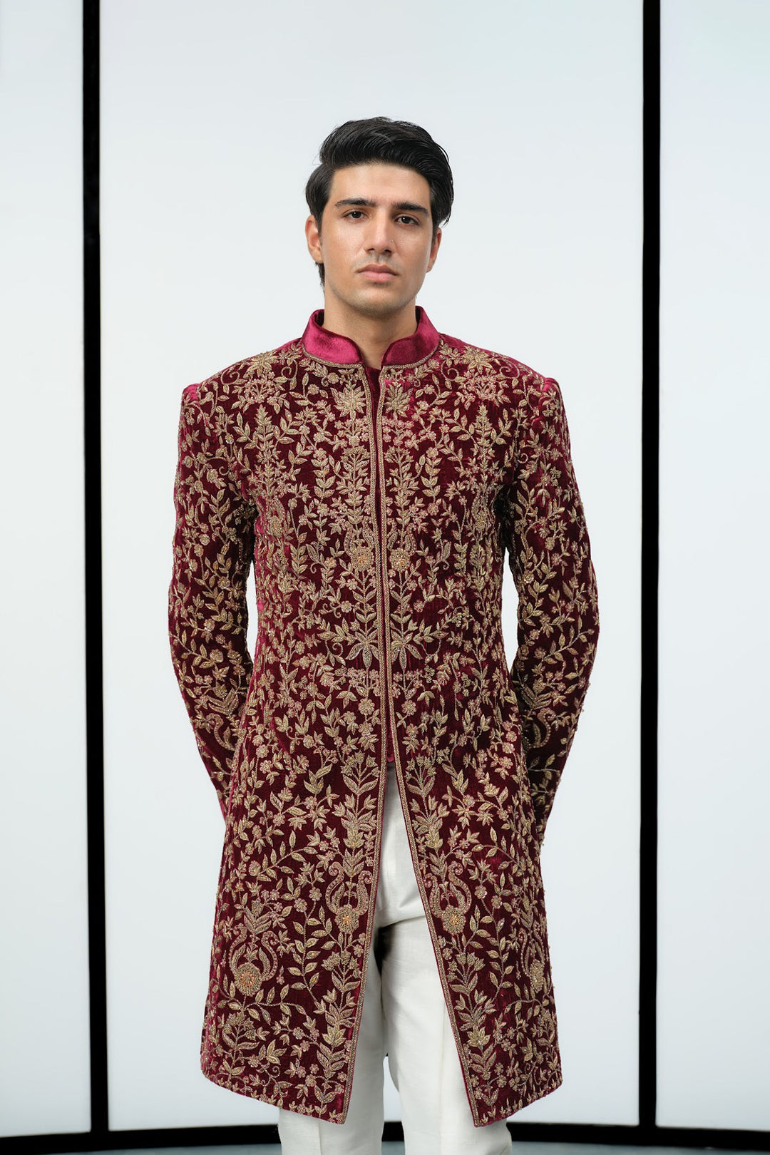 Maroon velvet sherwani