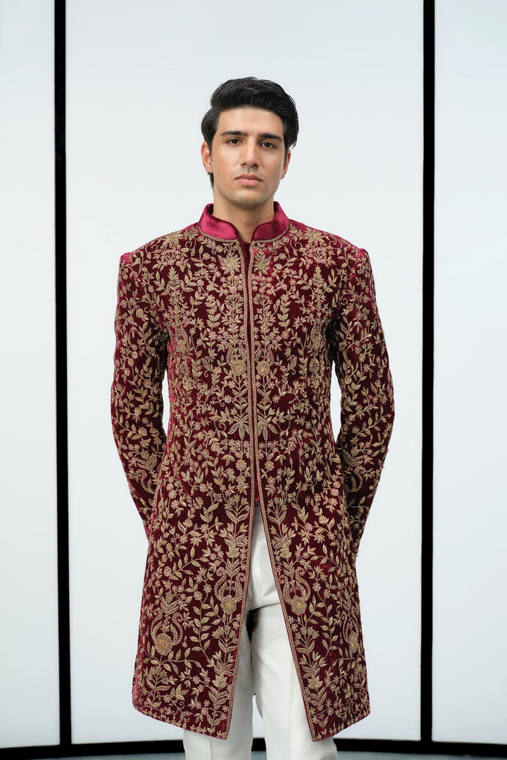 Maroon velvet sherwani