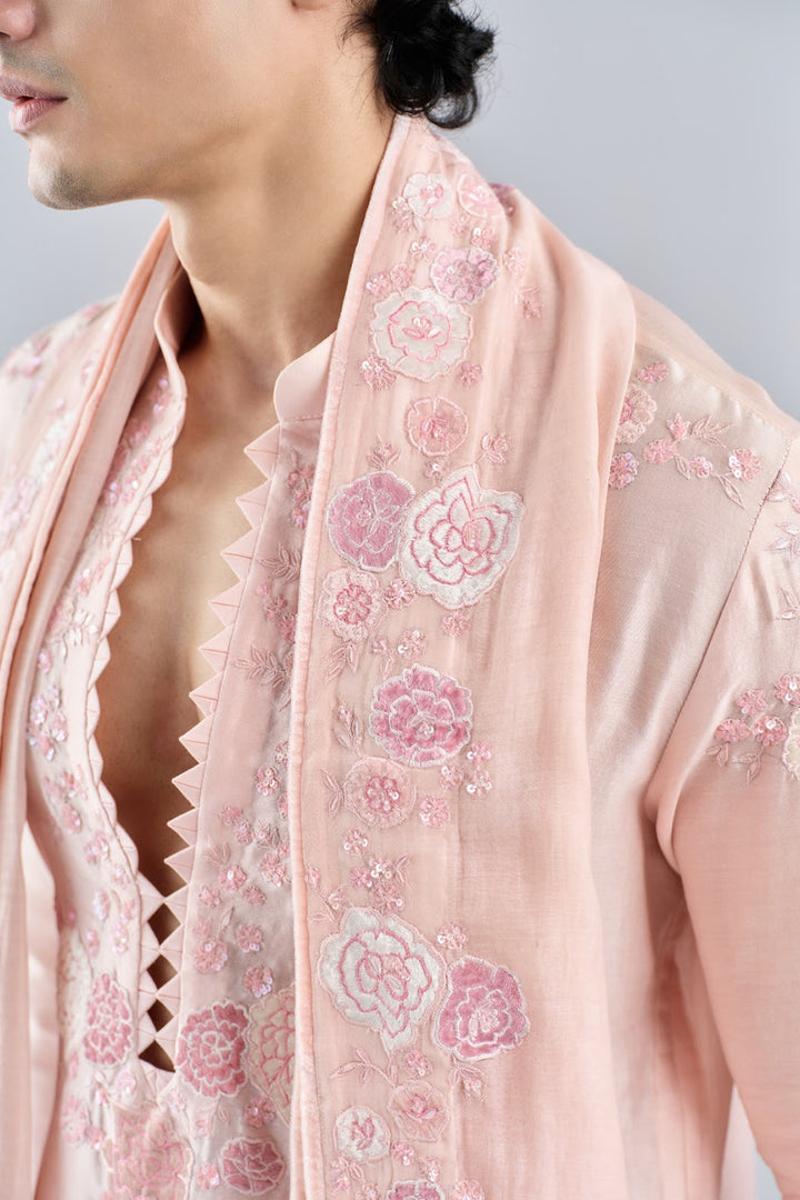 Pink applique work kurta with stole