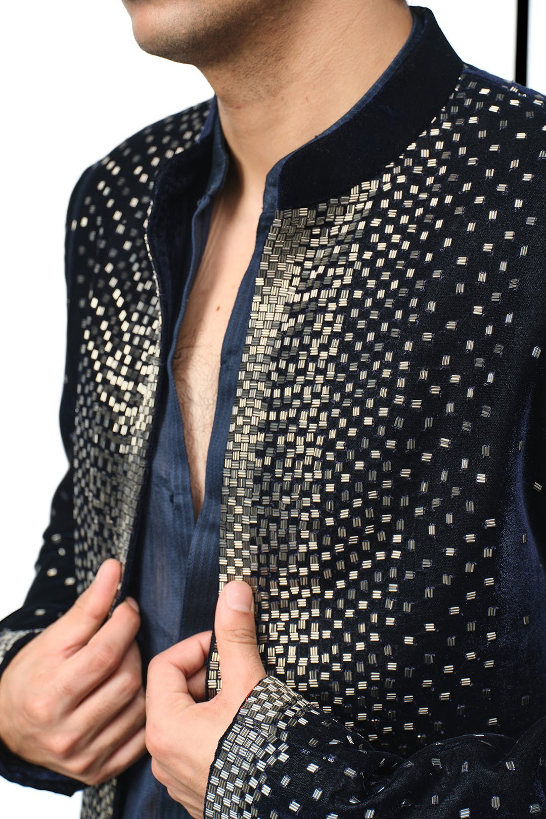 Navy velvet front panel bandhgala, crop style
