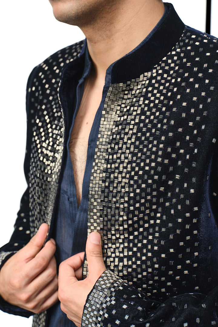 Navy velvet front panel bandhgala, crop style