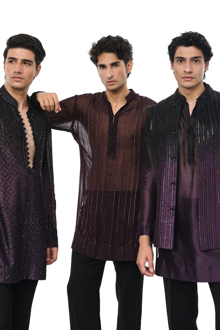 Wine sheer kurta with beaded work