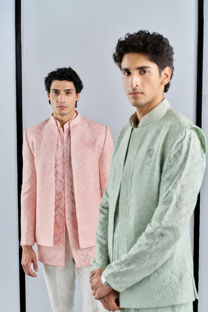 Peach pink cross-stitch kurta bandhgala set