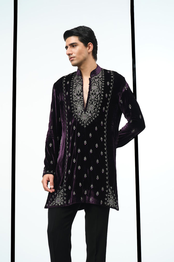 Wine gunmetal bead work kurta
