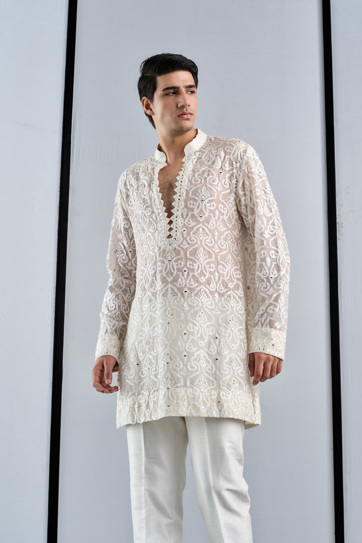 Ivory chandheri applique kurta