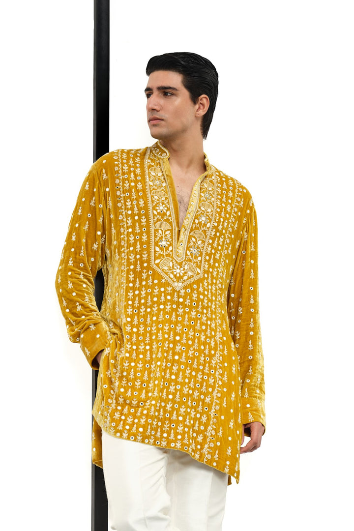 Mustard yellow velvet kurta