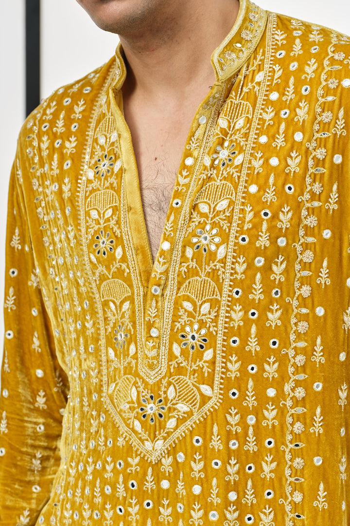 Mustard yellow velvet kurta