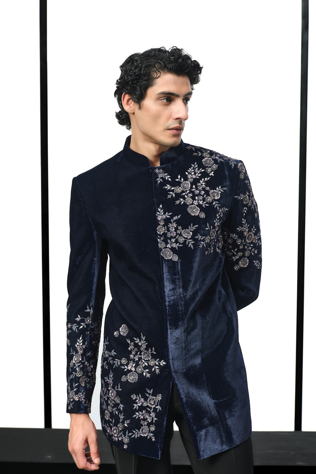 Navy shoulder placement floral bandhgala indo