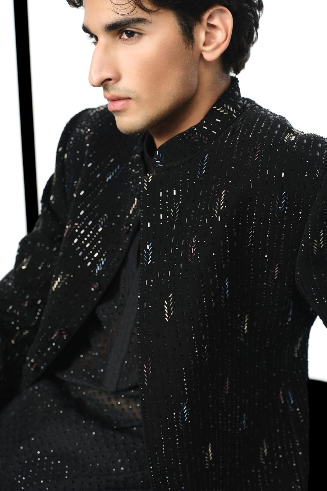 Black beaded bandhgala indowestern
