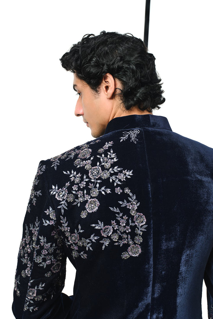 Navy shoulder placement floral bandhgala indo