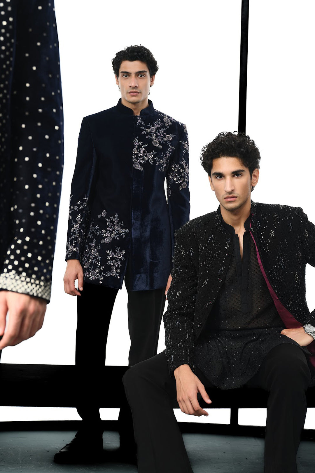 Navy shoulder placement floral bandhgala indo