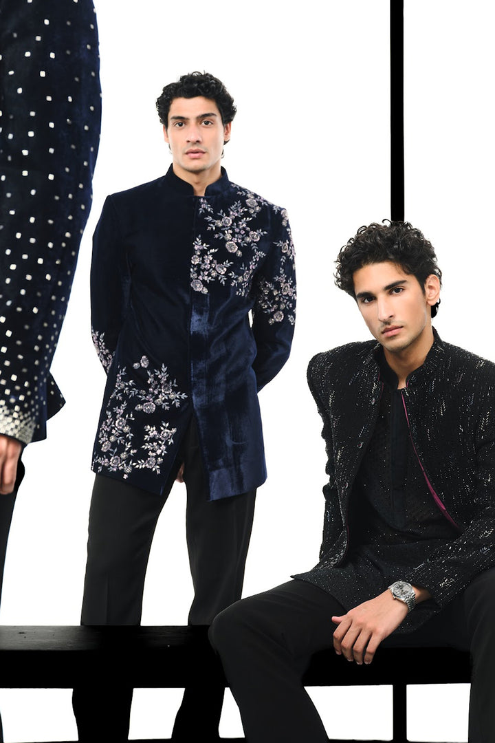 Navy shoulder placement floral bandhgala indo