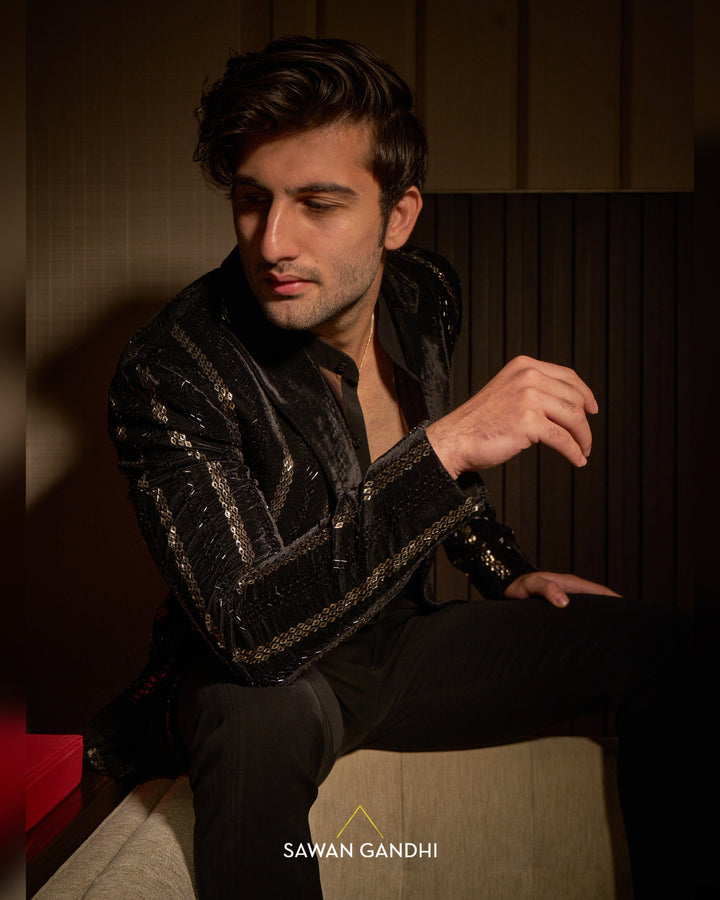 Black velvet shimmer stripe jacket