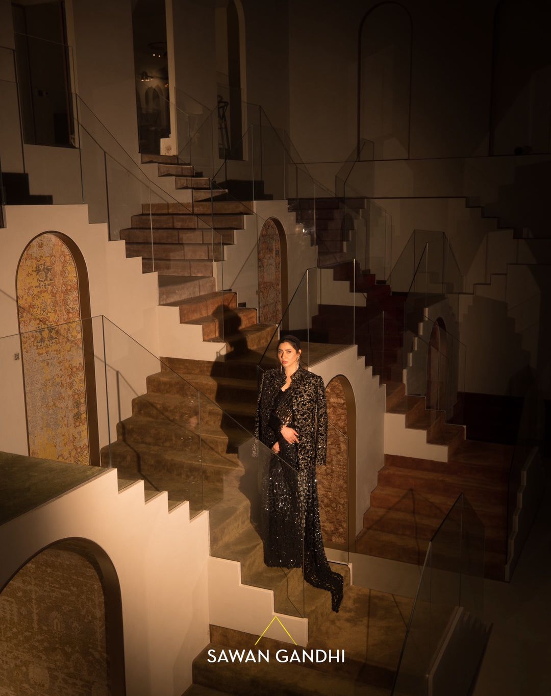 Mahira Khan in Black ombre cutwork saree