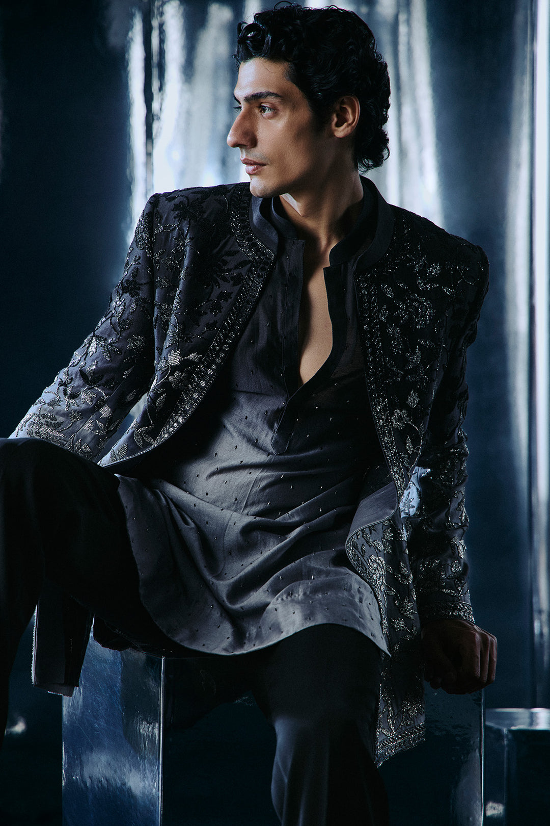 Black to grey ombre Bandhgala set