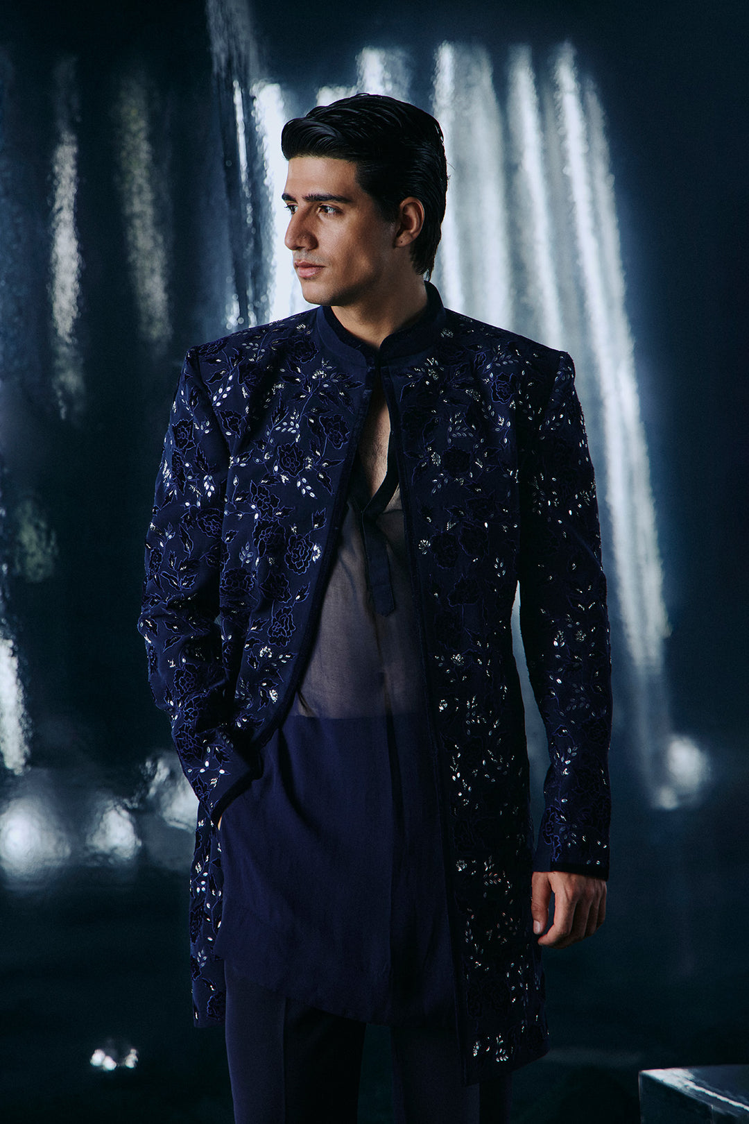Navy Blue Applique sherwani set