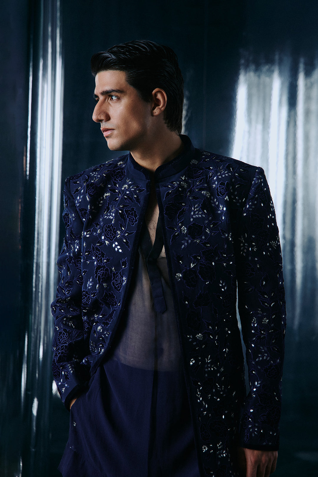 Navy Blue Applique sherwani set