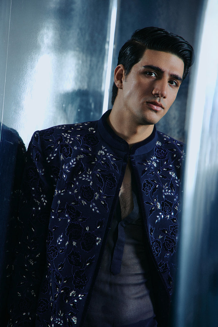 Navy Blue Applique sherwani set