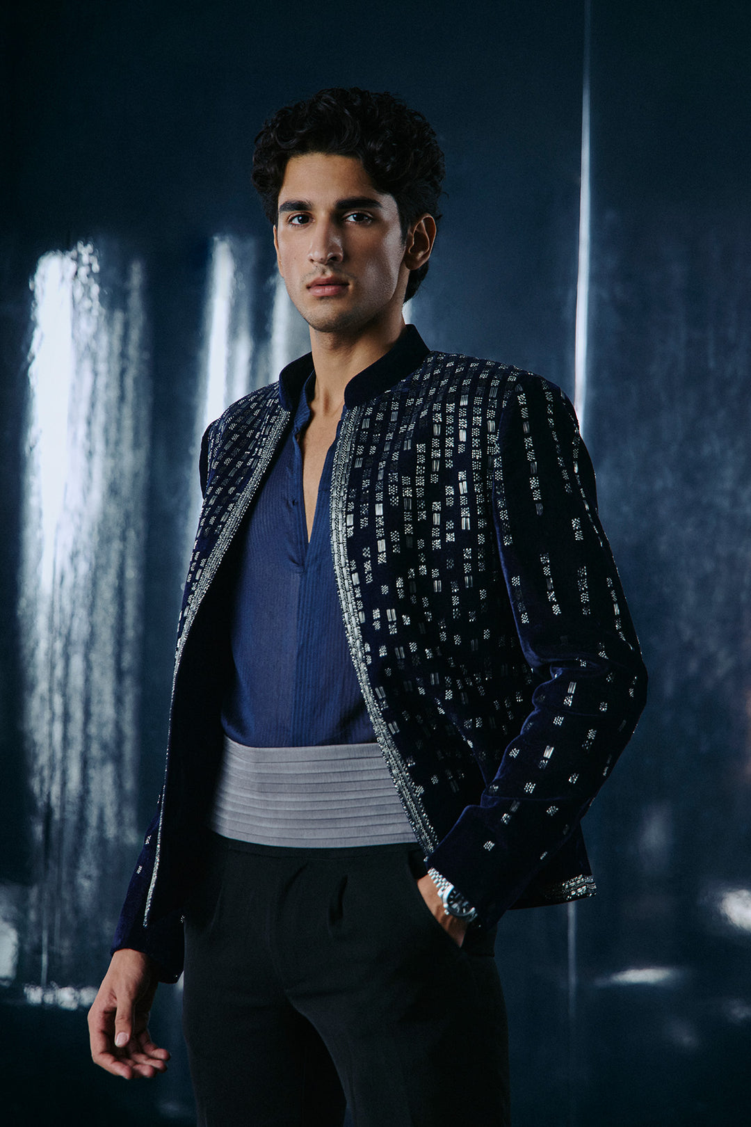 Blue velvet falling star Bandhgala set