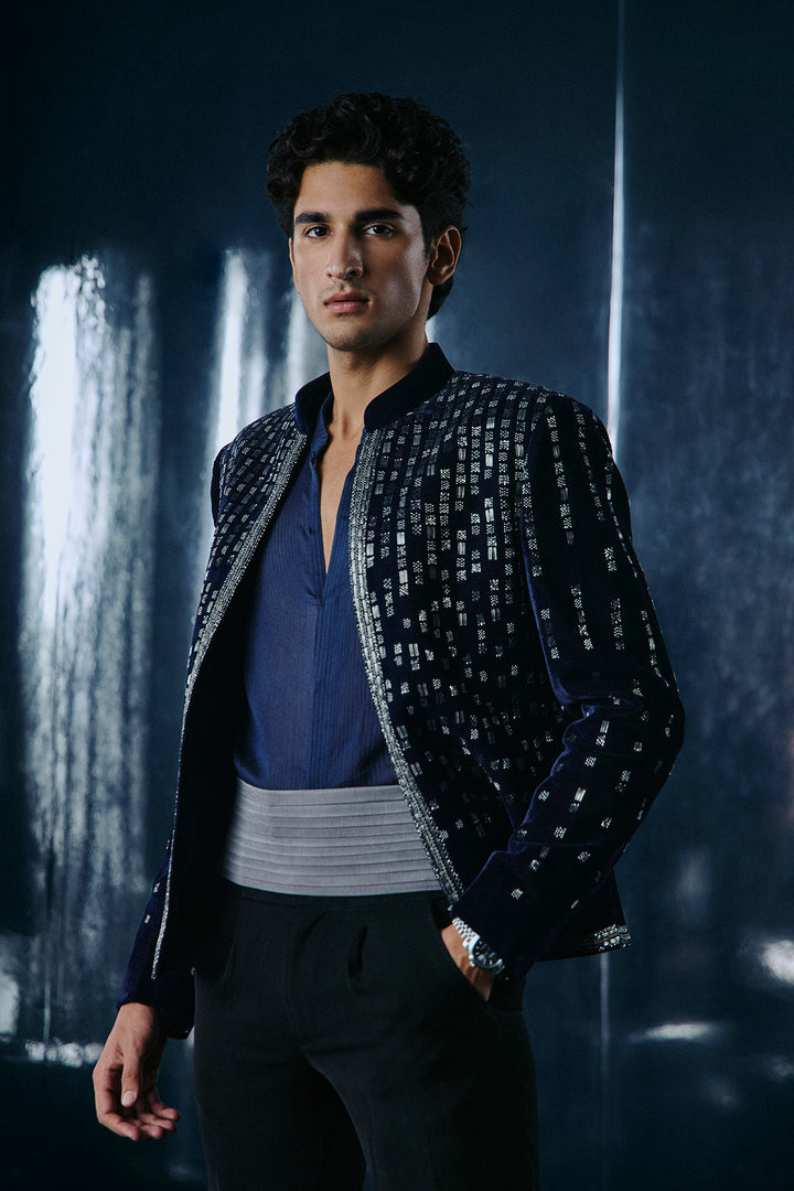 Blue velvet falling star Bandhgala set
