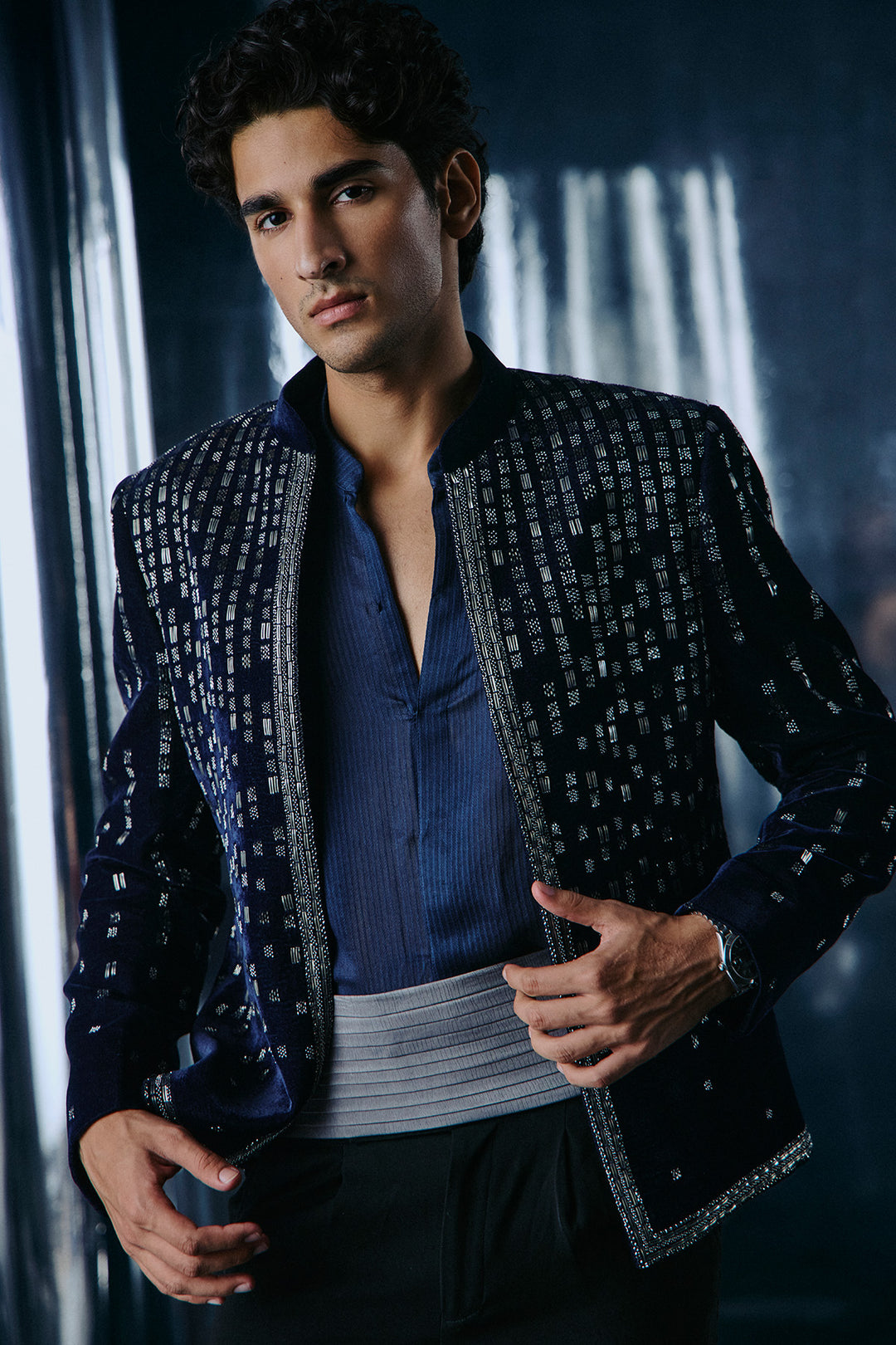 Blue velvet falling star Bandhgala set