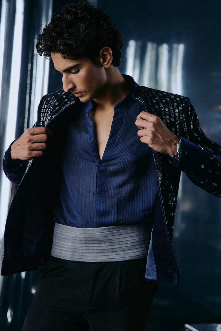 Blue velvet falling star Bandhgala set