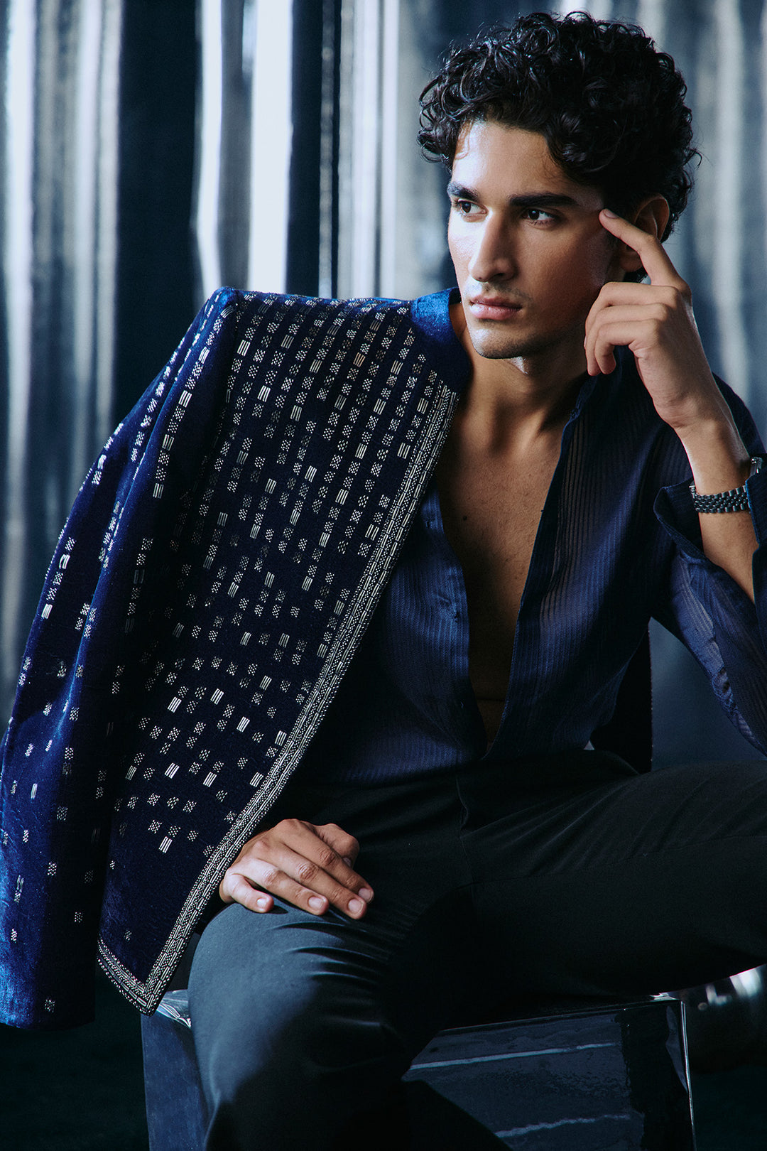 Blue velvet falling star Bandhgala set