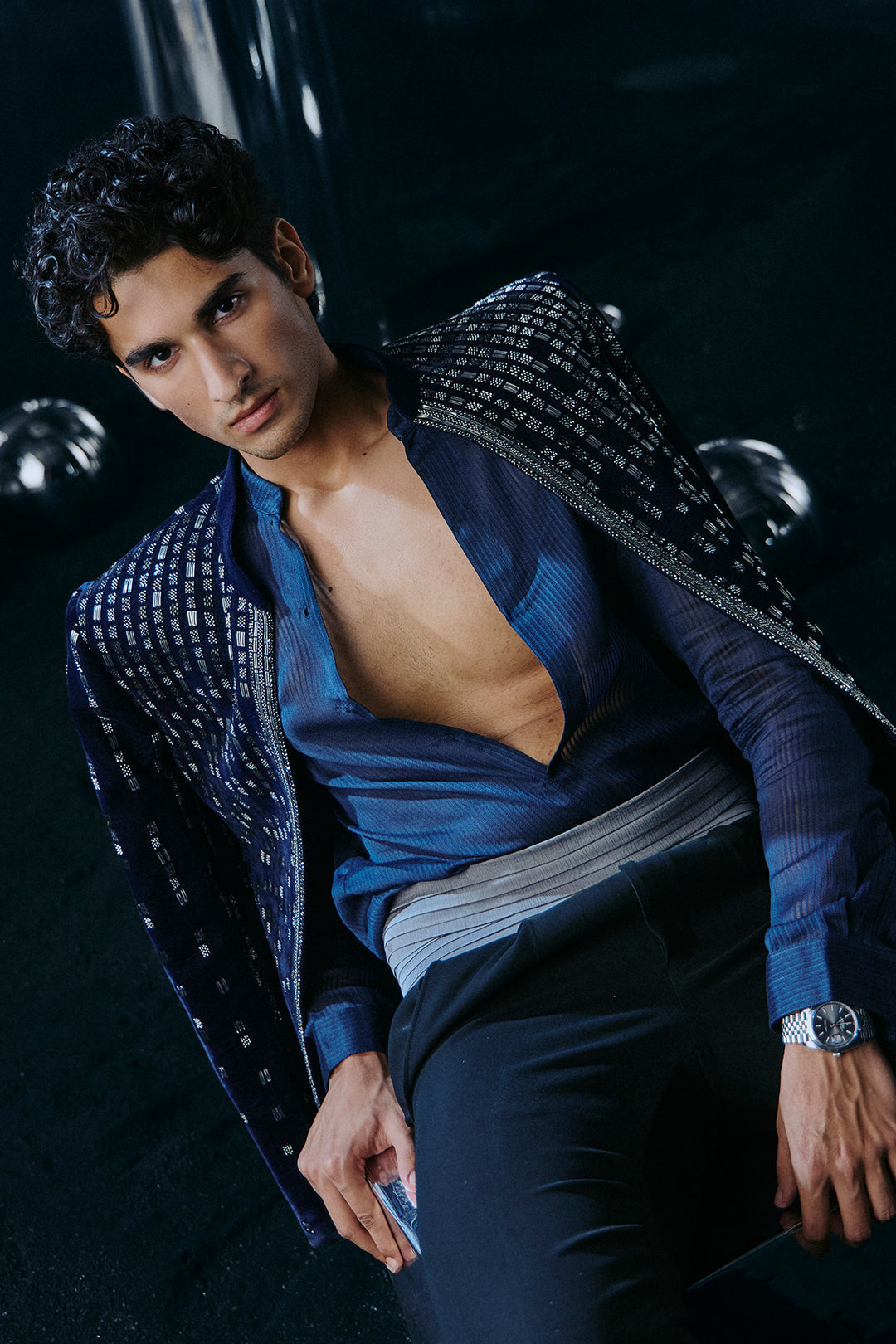 Blue velvet falling star Bandhgala set