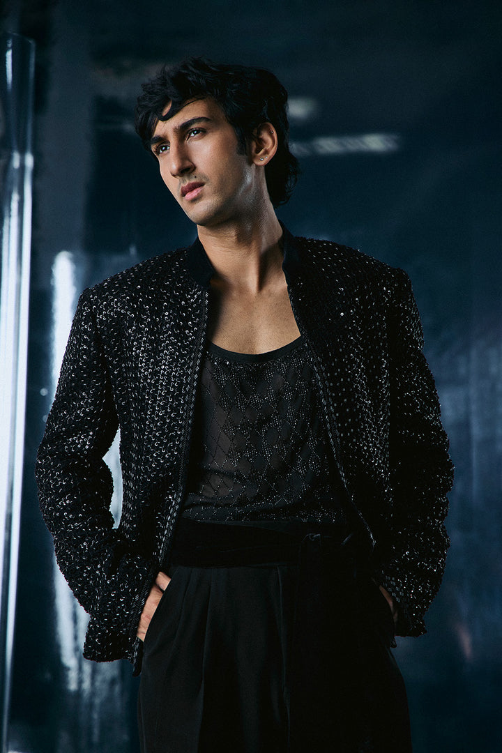 Black Cutdana crop Bandhgala jacket