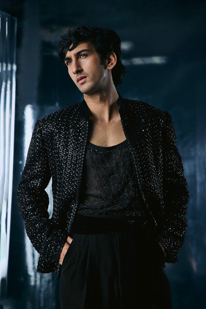 Black Cutdana crop Bandhgala jacket