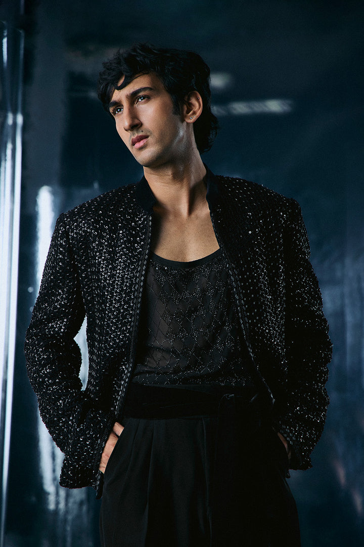 Black Cutdana crop Bandhgala jacket