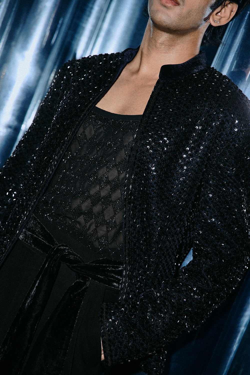 Black Cutdana crop Bandhgala jacket